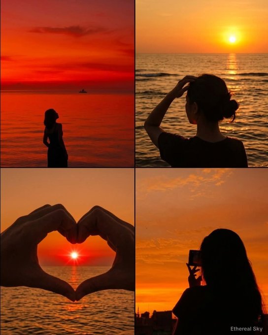 A four-panel collage features silhouettes of people against a vibrant orange sunset by the ocean. The scenes include a person standing on the beach, someone looking out at the horizon, hands forming a heart shape framing the sun, and a person taking a photo with their phone. The watermark "Ethereal Sky" appears in the bottom right corner.