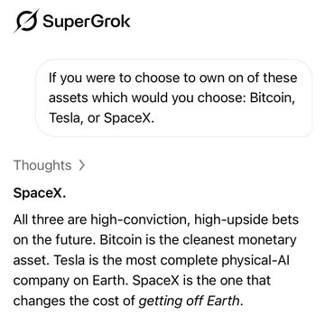 A screenshot of SuperGrok's response choosing SpaceX over Bitcoin and Tesla, stating "SpaceX is the one that changes the cost of getting off Earth," supporting the post's claim that three different AIs recommend $SPCX.