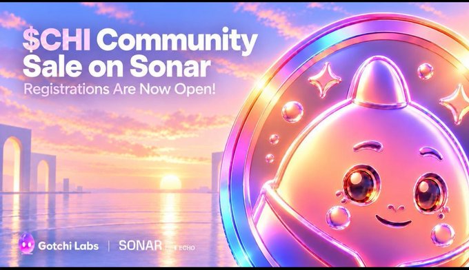 A promotional graphic announces "$CHI Community Sale on Sonar - Registrations Are Now Open!" featuring a cute pink character mascot and Gotchi Labs/Sonar by Echo branding.