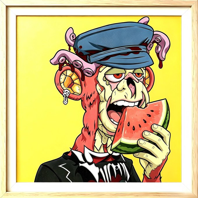 A framed cartoon illustration shows a grotesque zombie-like figure in a suit and military cap eating a slice of watermelon, with exposed brain and a bone hanging from its ear.