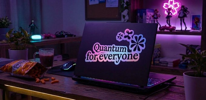 A dimly lit desk setup featuring a laptop with a "Quantum for everyone" sticker with flower designs, surrounded by RGB lighting, a glass of a brown beverage, snacks, plants, and anime figurines.