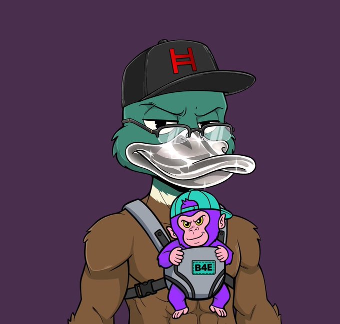A cartoon illustration of a muscular anthropomorphic duck wearing a black cap with a red 'H' and glasses, carrying a baby gorilla in a baby carrier labeled 'B4E' against a purple background.