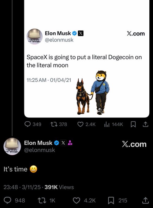 Two Elon Musk tweets from X.com, including a 2021 post about SpaceX putting Dogecoin on the moon and a March 2025 post saying 'It's time'.