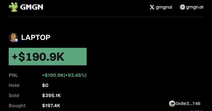 A GMGN profile screenshot for the trader "LAPTOP" displays a PNL of +$190.9K (+93.46%), with $395.1K sold against $197.4K bought. The image visualizes the poster's claim of making $190K from the $LAPTOP memecoin by trading in and out quickly rather than holding.