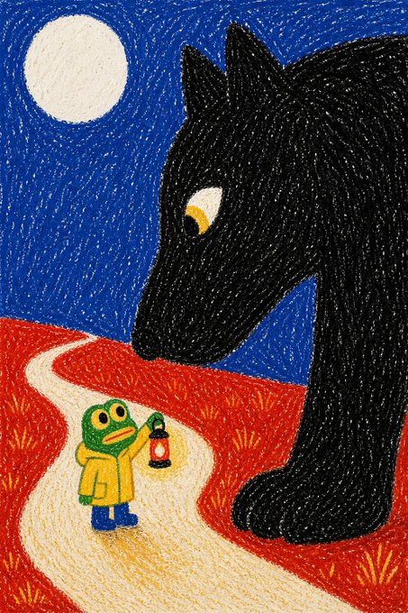 A colorful crayon-style illustration depicting a small green frog in a yellow coat holding a lantern on a path, facing a large shadowy black wolf-like creature under a full moon.