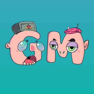 The image displays the letters "G" and "M" as goofy cartoon characters—a dizzy, tongue-out "G" with swirl eyes and a fuzzy cap, next to a sleepy "M" wearing a pink beret—