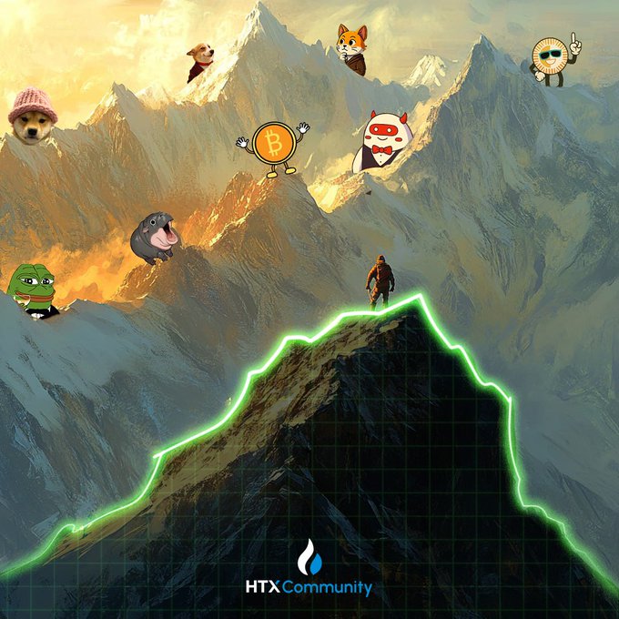 A digital artwork featuring a climber scaling a mountain peak along a glowing green trendline, surrounded by various crypto-related character mascots including a Bitcoin coin, Pepe, a Shiba Inu, and the HTX Community logo at the bottom.