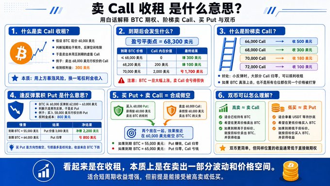 A Chinese-language infographic explaining '卖 Call 收租' (selling Call options for rent) using Bitcoin options, Call, Put, and straddle strategies.