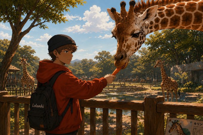 An anime-style illustration of a young person in a red hoodie and 'LolaMhi' backpack feeding a carrot to a giraffe at a zoo or wildlife park.