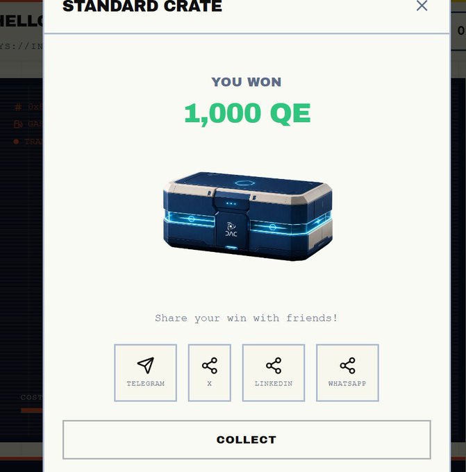 A 'STANDARD CRATE' reward popup screen announcing 'YOU WON 1,000 QE' with a 3D crate graphic, sharing options for Telegram, X, LinkedIn, and WhatsApp, and a 'COLLECT' button.