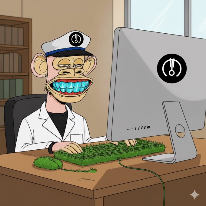 The image features a cartoon monkey sitting at a desk with a computer monitor, keyboard, and mouse. The monkey appears to be smiling while using the computer, which has a green screen that matches the color of the grass depicted in the image. The background shows a bookshelf filled with various books, suggesting an office or workspace setting. The caption "Good Morning Everyone wishing y’all a beautiful touching grass day" is written below the monkey's head and keyboard, indicating it might be related to a post about appreciating nature or a similar sentiment.