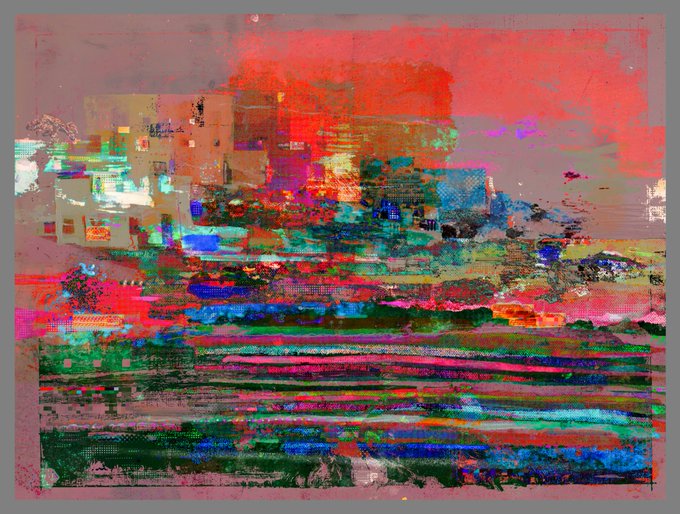 An abstract digital painting featuring vibrant red, pink, blue, and green brushstrokes creating a textured, glitch-art style landscape.