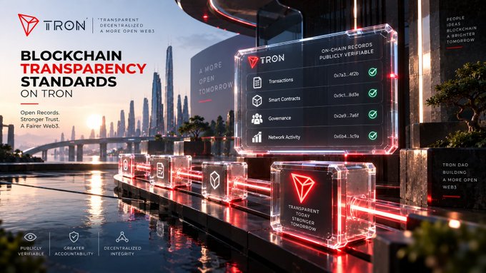 A promotional banner for TRON highlighting 'Blockchain Transparency Standards' with on-chain records showing publicly verifiable transactions, smart contracts, governance, and network activity.