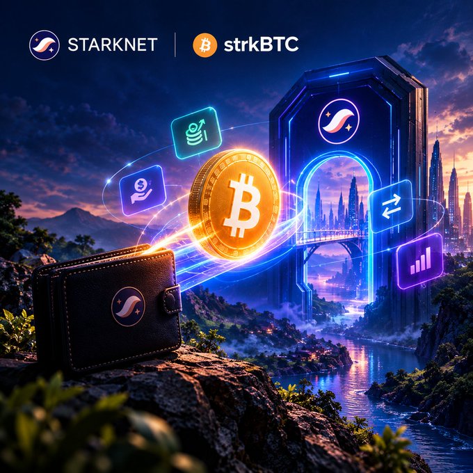 A glowing golden Bitcoin coin floats above a black leather wallet on a rocky ledge, surrounded by neon-lit icons representing growth, exchange, and analytics, with a futuristic Starknet gateway archway opening to a vibrant cityscape in the background, all branded with the "STARKNET" and "strkBTC" logos at the top to illustrate how Bitcoin can be bridged into Starknet to actively power DeFi activities like earning, lending, borrowing, and trading.