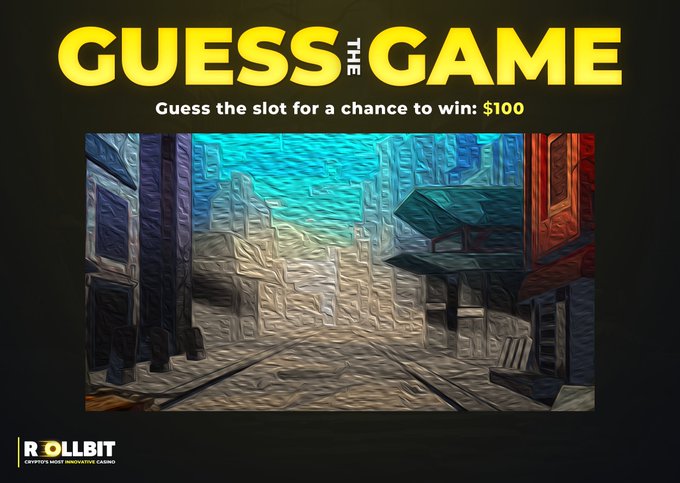 A 'GUESS THE GAME' promotional graphic from Rollbit offering a $100 prize to identify the slot game, shown with a heavily filtered/textured image.