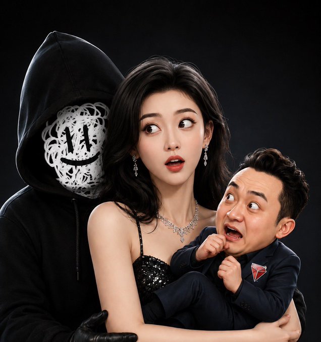 A dramatic AI-style image shows a masked hooded figure looming behind a worried woman, while a frightened man in a suit clings to her arm. The note links this tense “evidence-gathering” scene to Justin Sun (孙宇晨) and the Hong Kong/Victoria Harbour setting, but no legible text, numbers, or ticker names appear in the image.