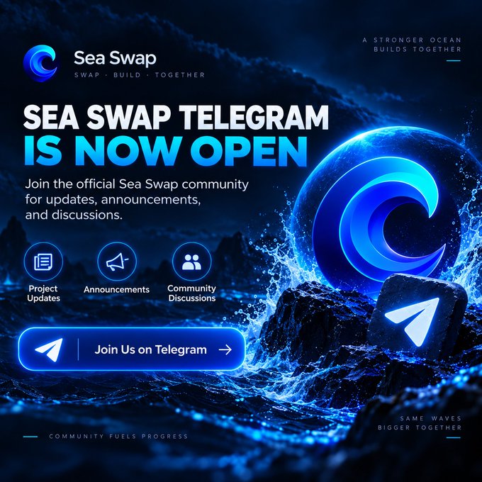 Promotional graphic for 'Sea Swap' announcing 'SEA SWAP TELEGRAM IS NOW OPEN' with a 'Join Us on Telegram' button against a blue ocean wave background.