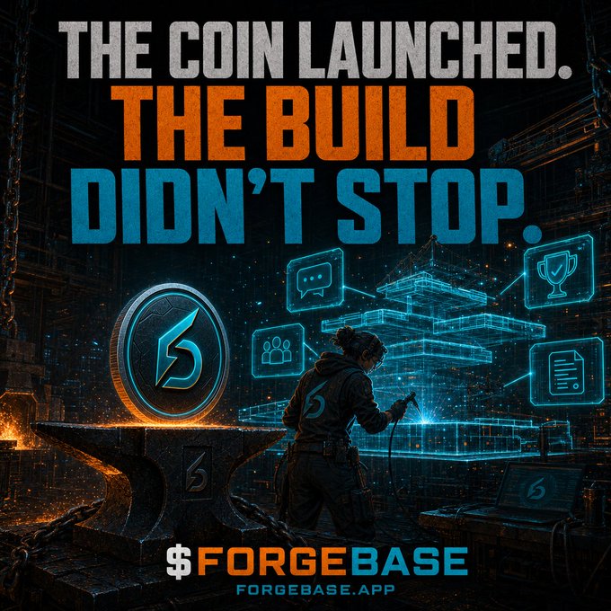 Promotional graphic for $FORGEBASE cryptocurrency featuring the text 'THE COIN LAUNCHED. THE BUILD DIDN'T STOP.' and forgebace.app, depicting a blacksmith-style figure forging a digital blueprint next to a coin with a 'b' logo.