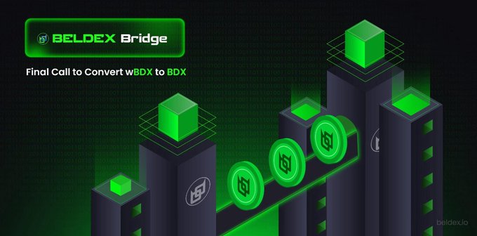 A digital graphic for 'BELDEX Bridge' announces a 'Final Call to Convert wBDX to BDX' against a dark background featuring stylized green glowing skyscrapers and circular BDX icons.