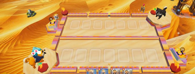 A colorful arena battle scene from a game shows two rows of empty slots between player characters, including a black boshi pet on a platform. The image illustrates the post's humor about opponents witnessing players affectionately petting their boshi pets and reacting with emojis during gameplay.