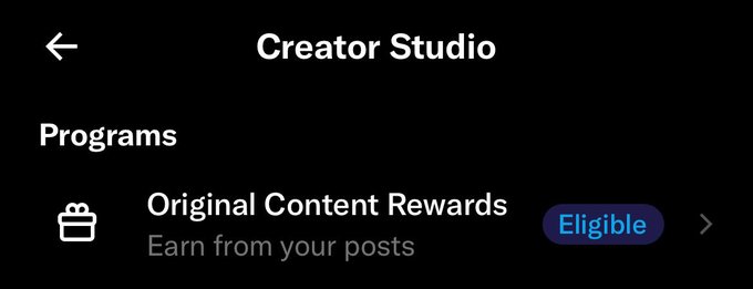 A 'Creator Studio' interface showing 'Programs' section with 'Original Content Rewards - Earn from your posts' marked as 'Eligible'.