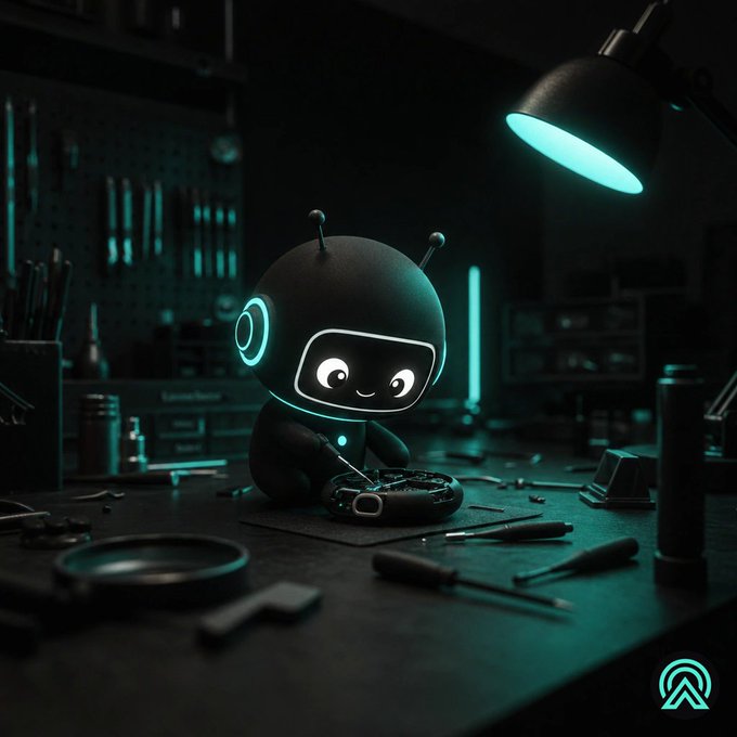 A small black robot with antennae and glowing cyan facial features works on a circuit board under a desk lamp in a dark workshop illuminated by teal lighting.
