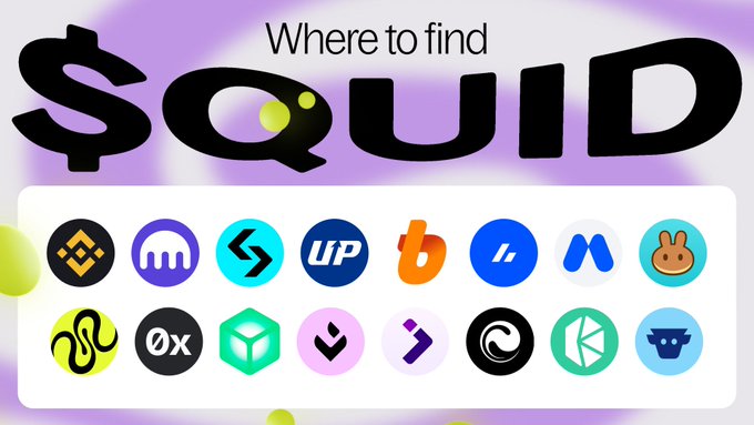 The image displays "Where to find $QUID" with the token name in large black text above a grid of cryptocurrency exchange and platform logos, including Binance, OKX, MEXC, and others. This visually supports the post by showing users the various exchanges where they can purchase the newly launched $QUID token.