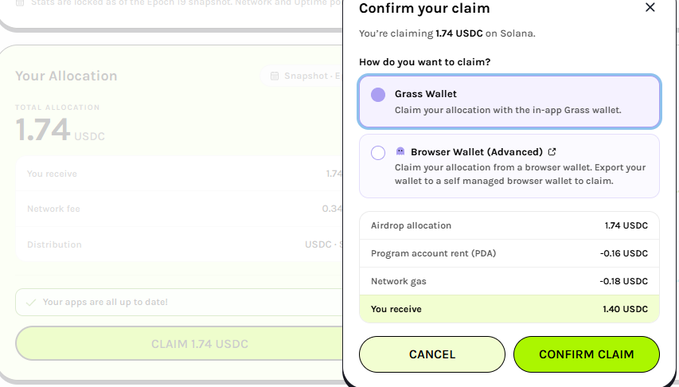 Grass airdrop claim confirmation screen showing a 1.74 USDC allocation on Solana with options to claim via Grass Wallet or Browser Wallet; after 0.16 USDC PDA rent and 0.18 USDC network gas, the user receives 1.40 USDC.