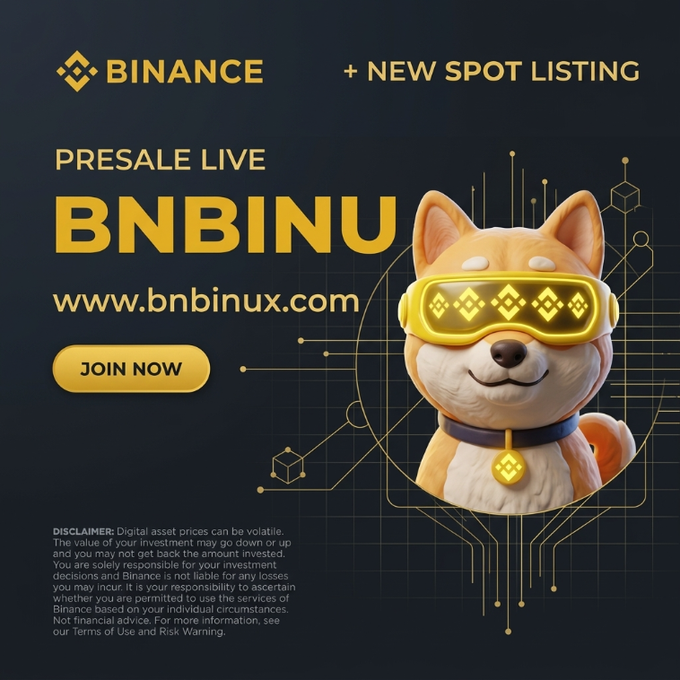 The image is a Binance-themed promotional graphic announcing a new spot listing and presale for a token called "BNBINU," featuring a Shiba Inu dog wearing Binance-branded gold goggles alongside the website www.bnbinux.com and a "JOIN NOW" button. It relates to the post by serving as a giveaway advertisement, asking users to share their BNB wallet address for a chance to receive 250K BNBINU tokens.