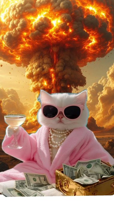 A surreal AI-generated image of a white cat wearing pink sunglasses, pearl necklaces, and a pink robe, holding a cocktail glass amid piles of cash with a nuclear explosion mushroom cloud in the background.