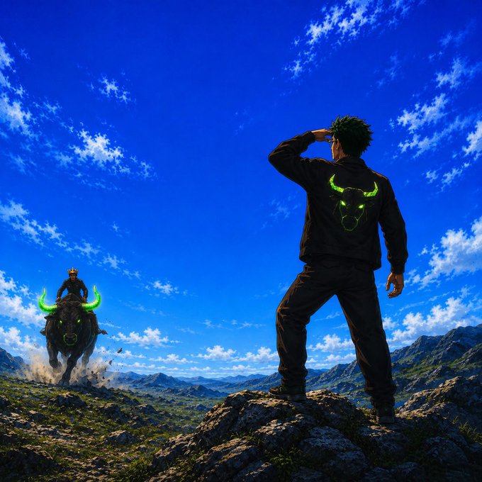 A digitally rendered scene shows a man from behind wearing a black jacket with a glowing green bull logo, saluting as he faces a figure riding a glowing-horned bull charging toward him across a rocky landscape under a blue sky.