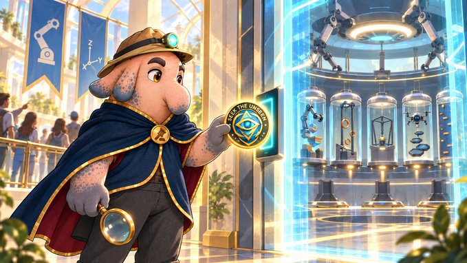 An illustration of an elephant character wearing a detective hat, goggles, and cape, holding a magnifying glass and an emblem that says 'SEE THE UNDER', standing in a futuristic room with robotic arms and display cases.