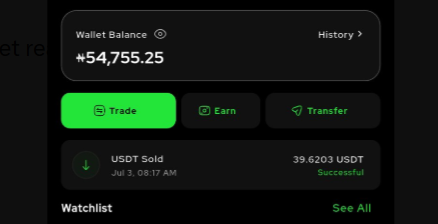 A digital wallet dashboard displays a balance of ₦54,755.25 with options to Trade, Earn, or Transfer, alongside a successful transaction record showing "USDT Sold" for 39.6203 USDT on July 3rd. The caption ties the image's clean, instant-trade interface to the poster's frustration with slow, chat-based P2P vendors, highlighting ZoneX's promise of quick, chat-free crypto-to-bank transactions.