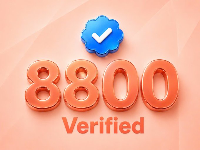 A 3D graphic displaying '8800 Verified' with a blue checkmark badge on a pink/peach gradient background.