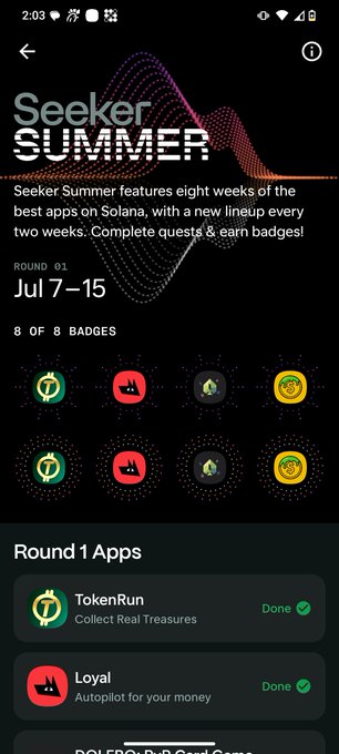 A mobile app screen titled 'Seeker SUMMER' shows 'ROUND 01 Jul 7-15' with '8 OF 8 BADGES' and lists 'Round 1 Apps' including 'TokenRun' and 'Loyal'.