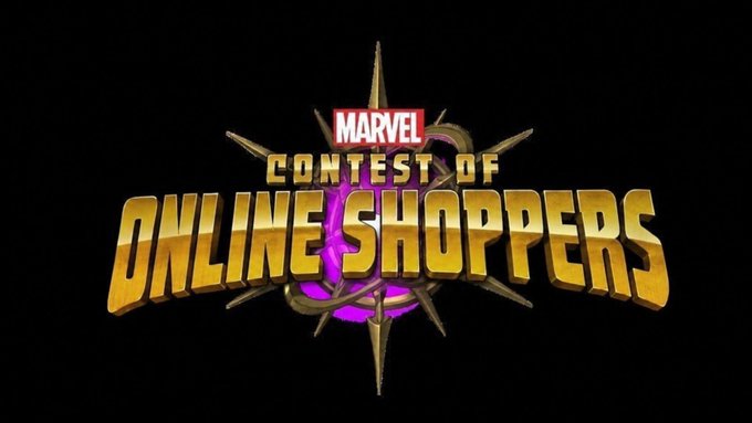A stylized title graphic reads "MARVEL CONTEST OF ONLINE SHOPPERS" in metallic gold lettering against a black background, with a spiked star-like emblem behind the text. The image humorously mimics the logo of "Marvel Contest of Champions," cleverly replacing "Champions" with "Shoppers" to represent the acronym MCOS referenced in the post.