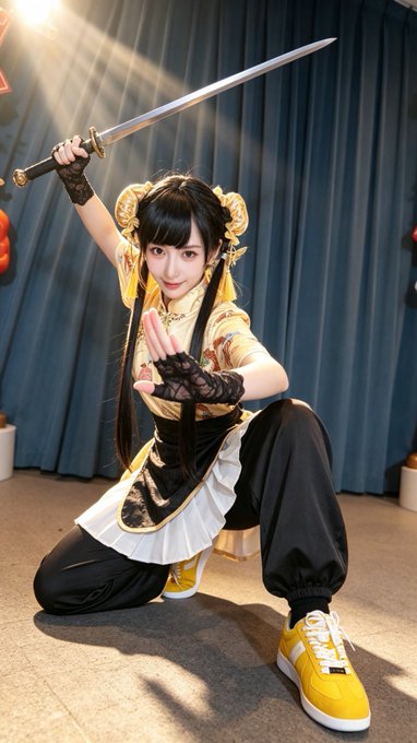 A young woman with long dark hair poses in a dynamic martial arts stance, brandishing a long sword overhead while wearing a yellow and black costume with golden hair buns, fingerless gloves, and bright yellow sneakers. The image appears to be a cosplay photo that contrasts with the Mid-Autumn Festival and Binance giveaway promotion mentioned in the caption.