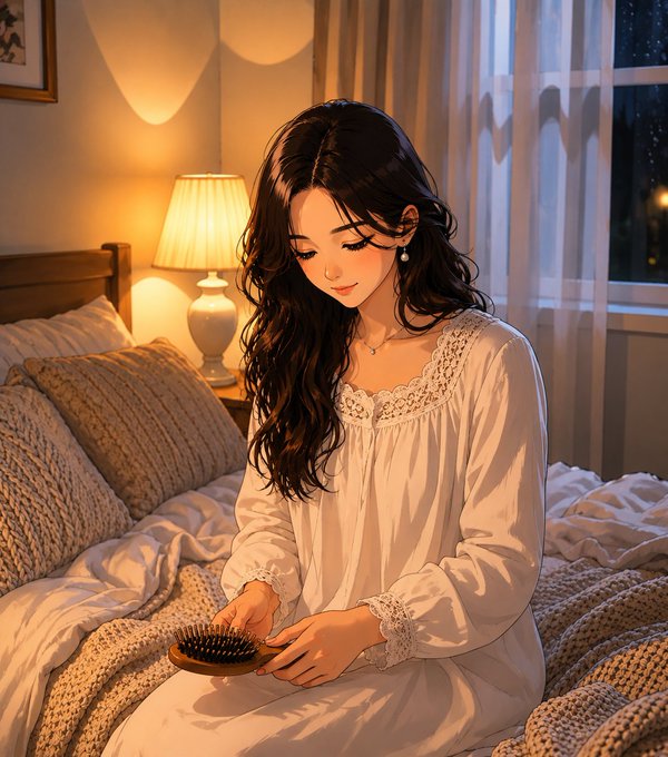 An anime-style illustration of a young woman with long dark hair wearing a white lace nightgown, sitting on a bed and holding a hairbrush in a warmly lit bedroom.
