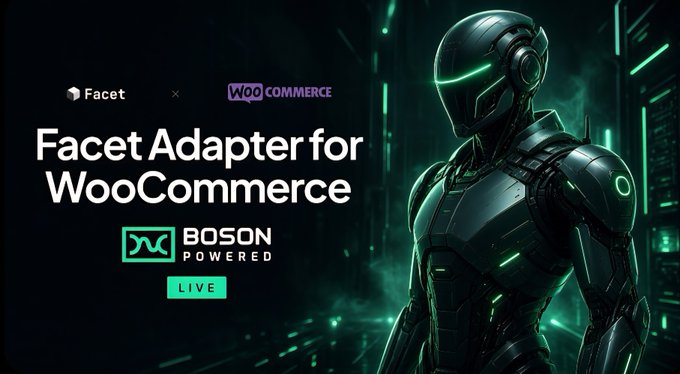 Promotional banner for the 'Facet Adapter for WooCommerce' integration, featuring Facet and WooCommerce logos, a 'Boson Powered' badge, a 'LIVE' indicator, and a futuristic armored figure with glowing green visor on a dark background.