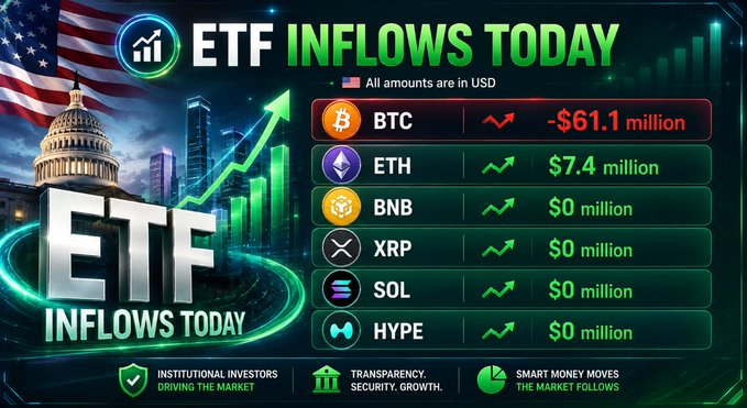 A graphic titled 'ETF INFLOWS TODAY' displaying crypto ETF data in USD, showing BTC at -$61.1 million, ETH at $7.4 million, and BNB, XRP, SOL, and HYPE all at $0 million.