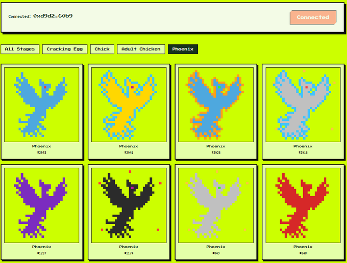 A digital interface displays a collection of eight pixelated phoenix sprites in various colors (blue, orange, silver, purple, black, gray, and red) on a yellow-green background, with tabs for 'All Stages', 'Cracking Egg', 'Chick', 'Adult Chicken', and 'Phoenix', and a connection status showing '0xd9d2..60b9'.