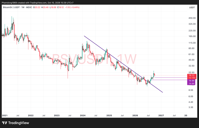 A weekly Bitcoin SV (BSV/USDT) TradingView chart from October 2026 showing a long-term downtrend with a diagonal resistance line, price around $20.46 down 5.44%.