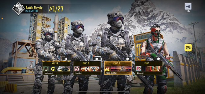 A screenshot of a battle royale game victory screen showing four armed player characters standing together, displaying kill counts and #1/27 placement.
