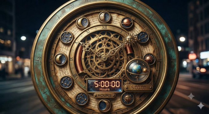An ornate steampunk-style clock featuring gears, small dials, and Roman numerals, with a digital display reading '5:00:00' set against a blurred nighttime city backdrop.