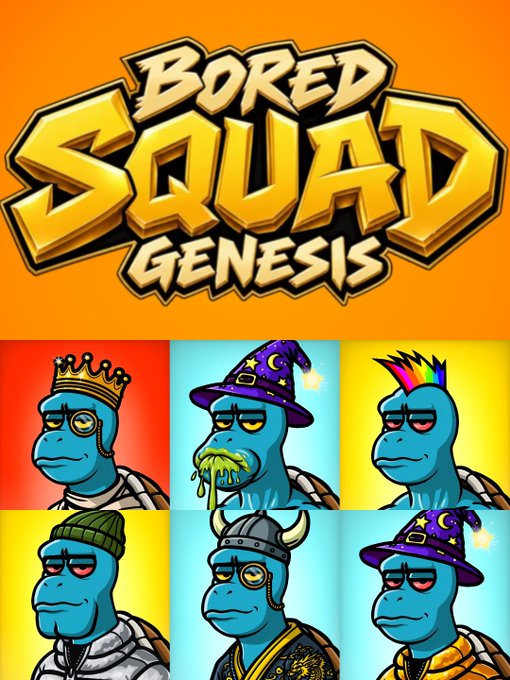 Promotional artwork for 'BORED SQUAD GENESIS' featuring six blue turtle-like characters with various outfits including a crown, wizard hat, rainbow mohawk, beanie, viking helmet, and another wizard hat.