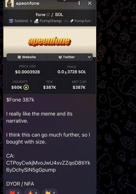 A social media post by "apeonfone" showcases the $fone token on the Solana blockchain via PumpSwap and Pump.fun, displaying key metrics: a price of $0.0003928 (0.0003728 SOL), $60K liquidity, $387K FDV, and $387K market cap. The caption "I was one of the first to call $fone at a $387K market cap" directly references the $387K market cap and FDV figures shown in the image, aligning with the author's bullish call on the meme token's narrative and potential.