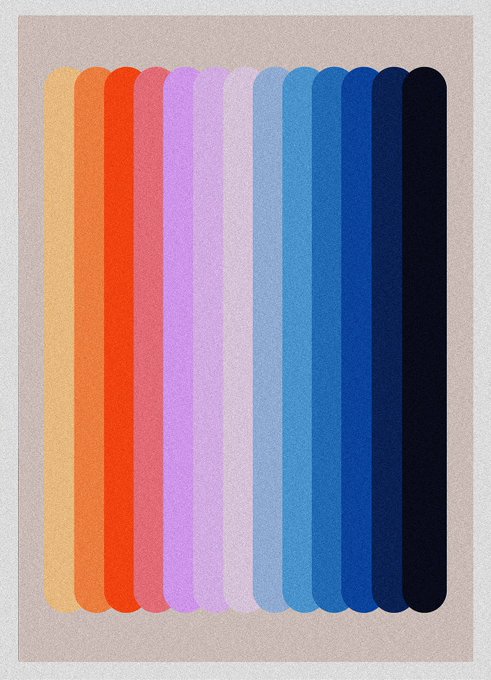 An abstract artwork features a series of vertical rounded bars transitioning through colors from yellow, red, and purple to various shades of blue.