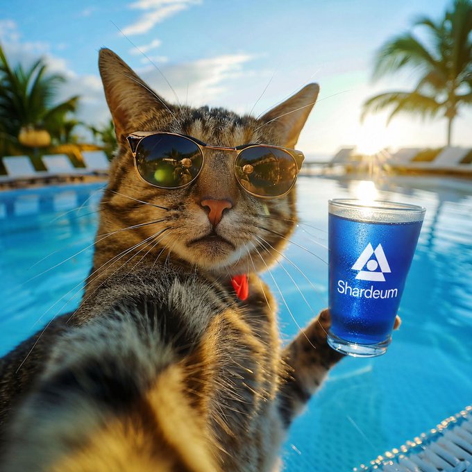 The image features a cat wearing sunglasses, holding a blue drink (likely beer) with its paw while standing next to an outdoor swimming pool. The photo has been edited or photoshopped to include text that reads "GM friends! Vibes for the day is as follows". This suggests that someone has altered the original image to create a humorous and playful scene, possibly for social media purposes or to entertain others.

The cat's sunglasses and the beer in its paw are meant to convey a sense of fun and relaxation associated with summertime activities like swimming and enjoying refreshing beverages by the poolside. The edited photo adds an element of whimsy and lightheartedness to the scene, making it more engaging and entertaining for viewers.