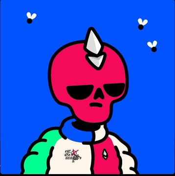 A cartoonish illustration features a red skull-like character with a gray mohawk, wearing a split green and white shirt, with small skull icons floating against a blue background.