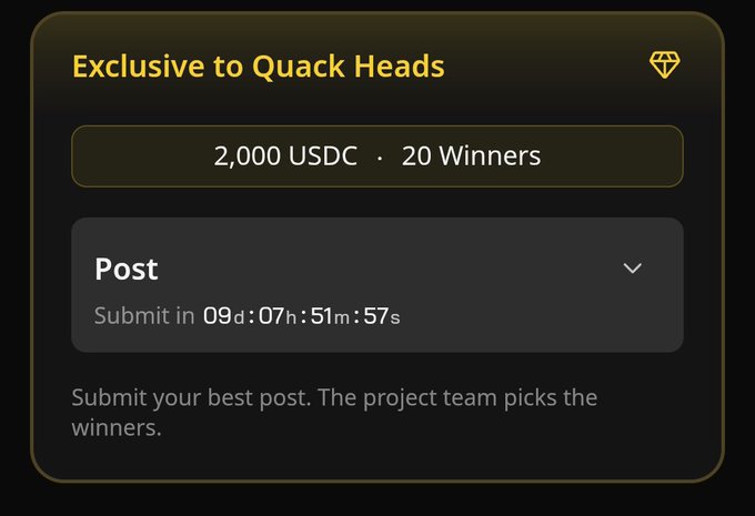 A digital campaign card titled 'Exclusive to Quack Heads' offering 2,000 USDC to 20 Winners for posts, with a countdown timer of 09d:07h:51m:57s.